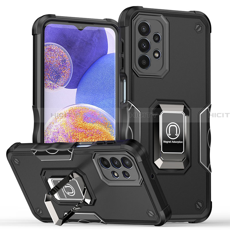 Funda Bumper Silicona y Plastico Mate Carcasa con Magnetico Anillo de dedo Soporte QW1 para Samsung Galaxy A23 4G Negro