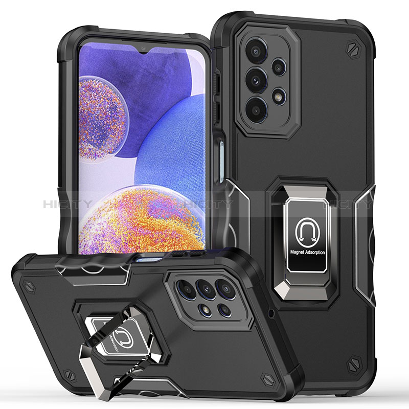 Funda Bumper Silicona y Plastico Mate Carcasa con Magnetico Anillo de dedo Soporte QW1 para Samsung Galaxy A23 5G Negro