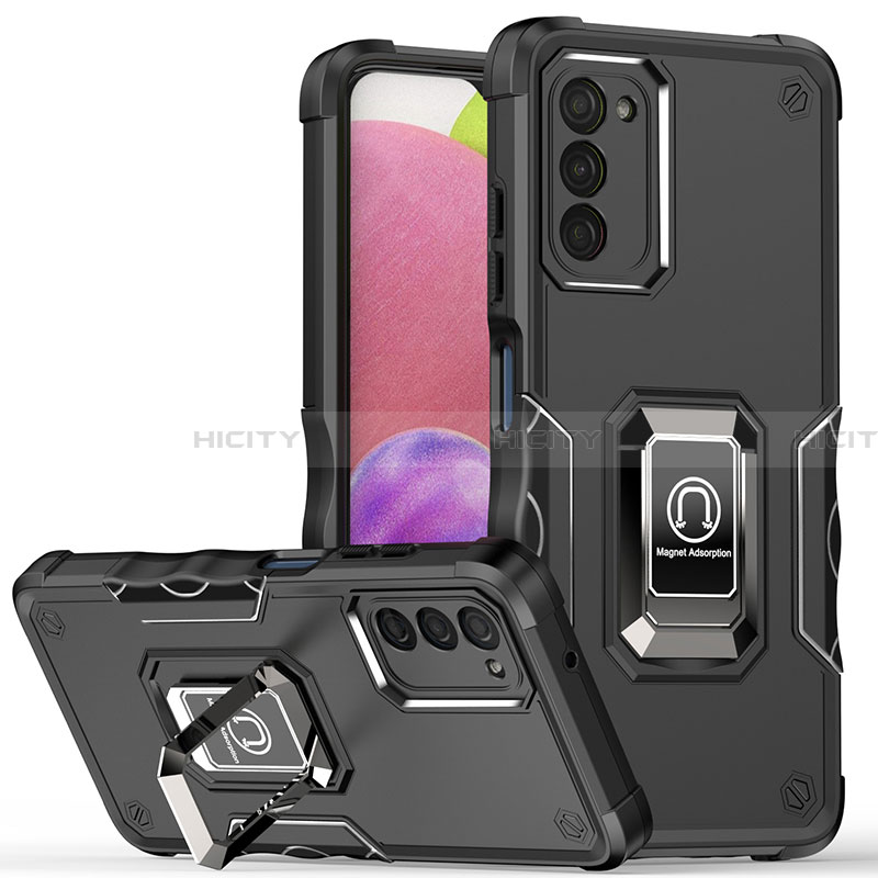 Funda Bumper Silicona y Plastico Mate Carcasa con Magnetico Anillo de dedo Soporte QW1 para Samsung Galaxy F02S SM-E025F Negro