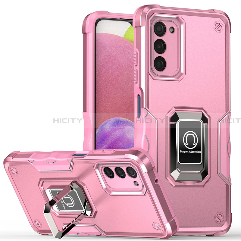 Funda Bumper Silicona y Plastico Mate Carcasa con Magnetico Anillo de dedo Soporte QW1 para Samsung Galaxy F02S SM-E025F Oro Rosa