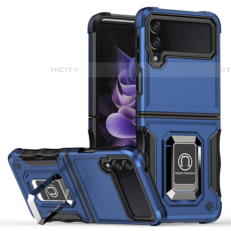 Funda Bumper Silicona y Plastico Mate Carcasa con Magnetico Anillo de dedo Soporte QW1 para Samsung Galaxy Z Flip4 5G Azul