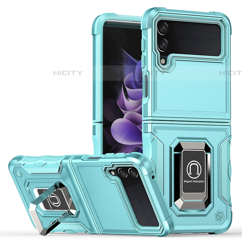 Funda Bumper Silicona y Plastico Mate Carcasa con Magnetico Anillo de dedo Soporte QW1 para Samsung Galaxy Z Flip4 5G Azul Claro