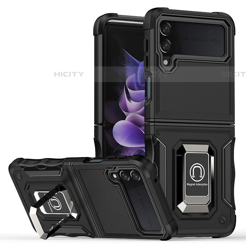 Funda Bumper Silicona y Plastico Mate Carcasa con Magnetico Anillo de dedo Soporte QW1 para Samsung Galaxy Z Flip4 5G Negro