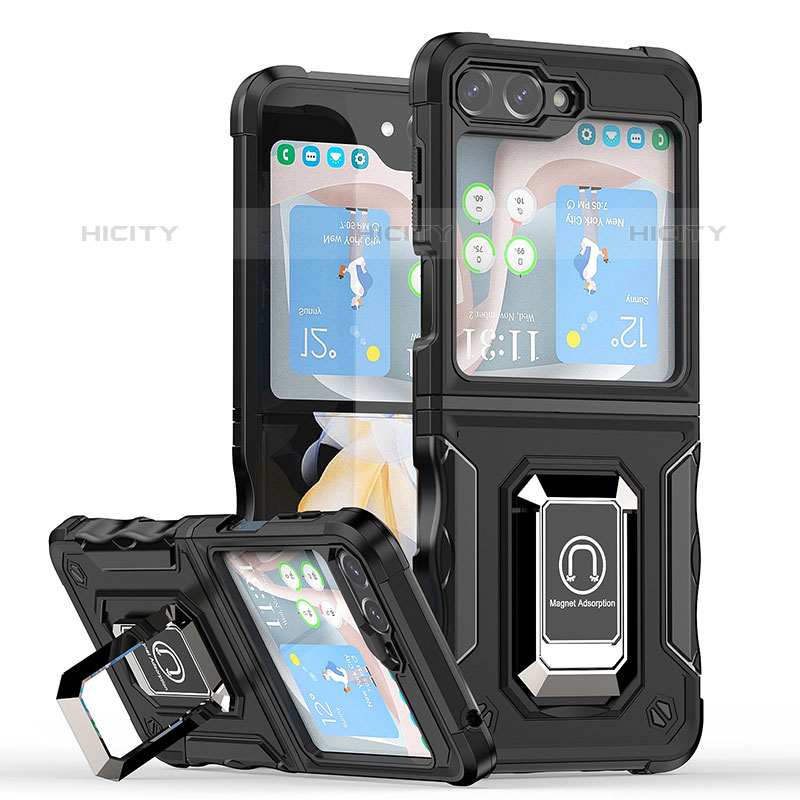 Funda Bumper Silicona y Plastico Mate Carcasa con Magnetico Anillo de dedo Soporte QW1 para Samsung Galaxy Z Flip5 5G Negro