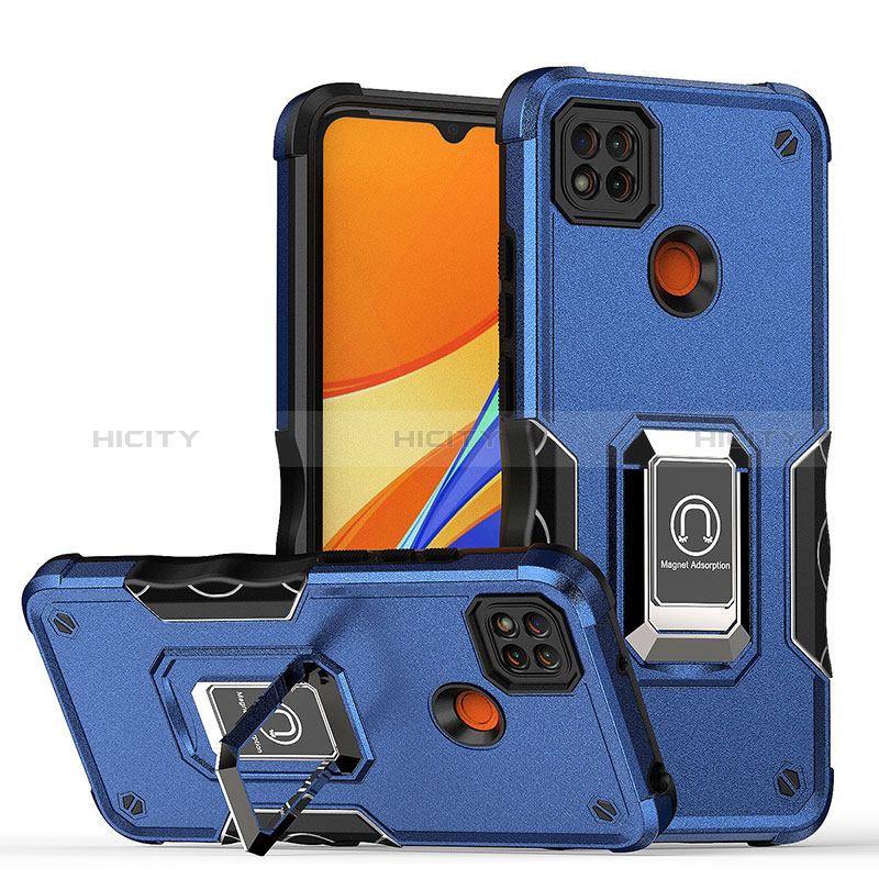 Funda Bumper Silicona y Plastico Mate Carcasa con Magnetico Anillo de dedo Soporte QW1 para Xiaomi POCO C3 Azul