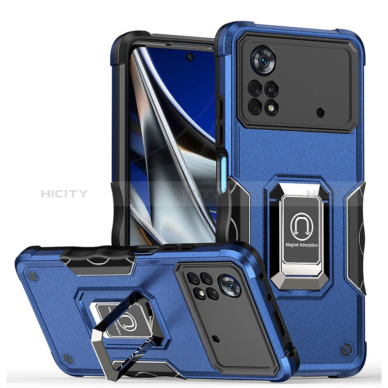 Funda Bumper Silicona y Plastico Mate Carcasa con Magnetico Anillo de dedo Soporte QW1 para Xiaomi Poco M4 Pro 4G Azul