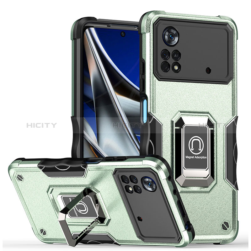 Funda Bumper Silicona y Plastico Mate Carcasa con Magnetico Anillo de dedo Soporte QW1 para Xiaomi Poco M4 Pro 4G Menta Verde