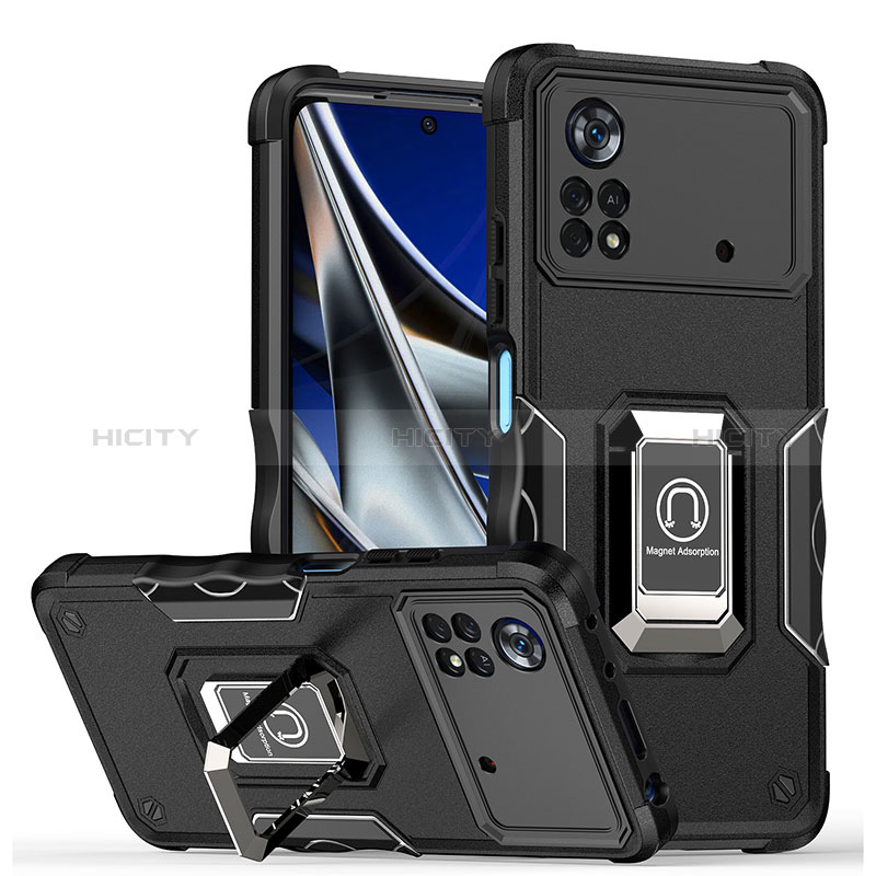 Funda Bumper Silicona y Plastico Mate Carcasa con Magnetico Anillo de dedo Soporte QW1 para Xiaomi Poco M4 Pro 4G Negro