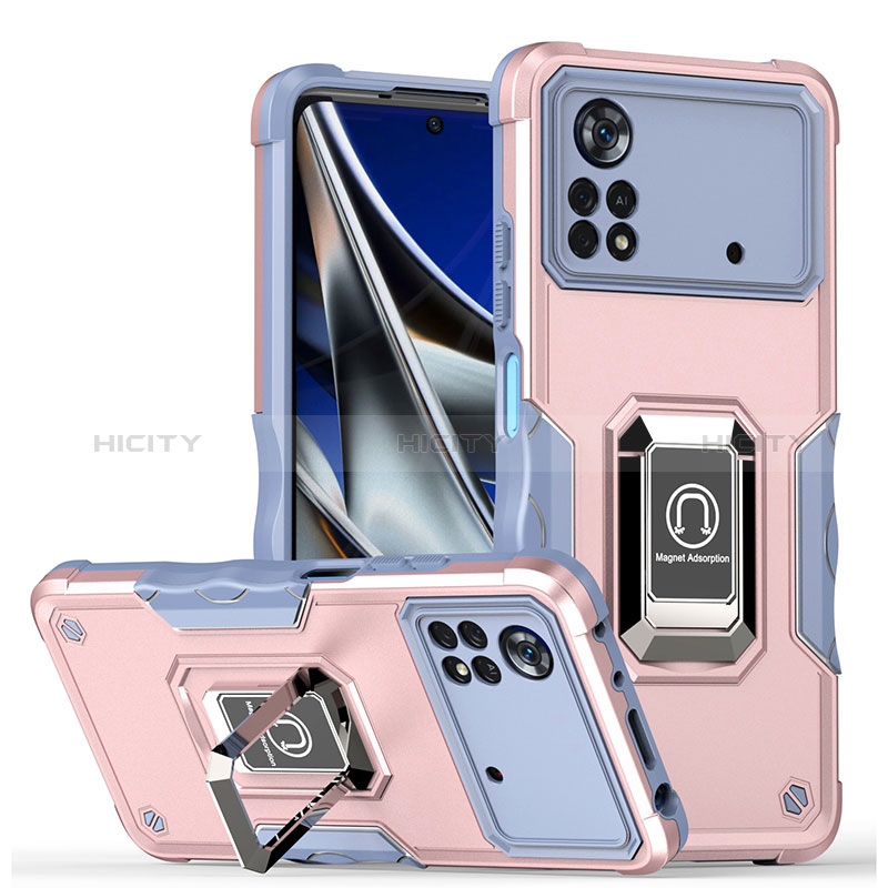 Funda Bumper Silicona y Plastico Mate Carcasa con Magnetico Anillo de dedo Soporte QW1 para Xiaomi Poco M4 Pro 4G Rosa