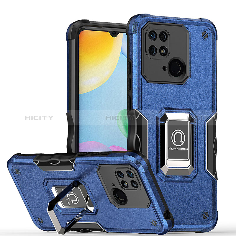 Funda Bumper Silicona y Plastico Mate Carcasa con Magnetico Anillo de dedo Soporte QW1 para Xiaomi Redmi 10 Power Azul