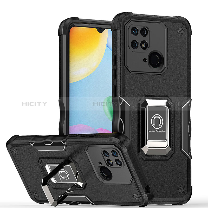 Funda Bumper Silicona y Plastico Mate Carcasa con Magnetico Anillo de dedo Soporte QW1 para Xiaomi Redmi 10 Power Negro