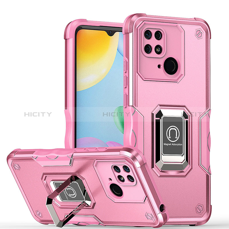 Funda Bumper Silicona y Plastico Mate Carcasa con Magnetico Anillo de dedo Soporte QW1 para Xiaomi Redmi 10 Power Oro Rosa