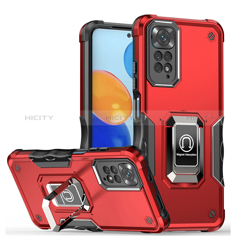 Funda Bumper Silicona y Plastico Mate Carcasa con Magnetico Anillo de dedo Soporte QW1 para Xiaomi Redmi Note 11 Pro 4G Rojo