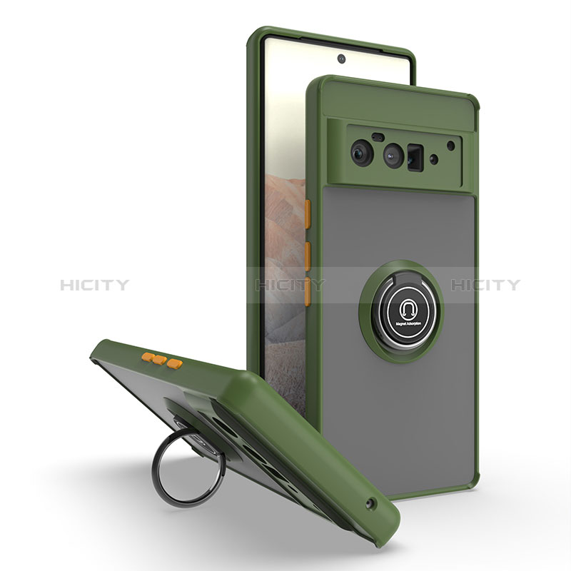 Funda Bumper Silicona y Plastico Mate Carcasa con Magnetico Anillo de dedo Soporte QW2 para Google Pixel 6 Pro 5G Ejercito Verde