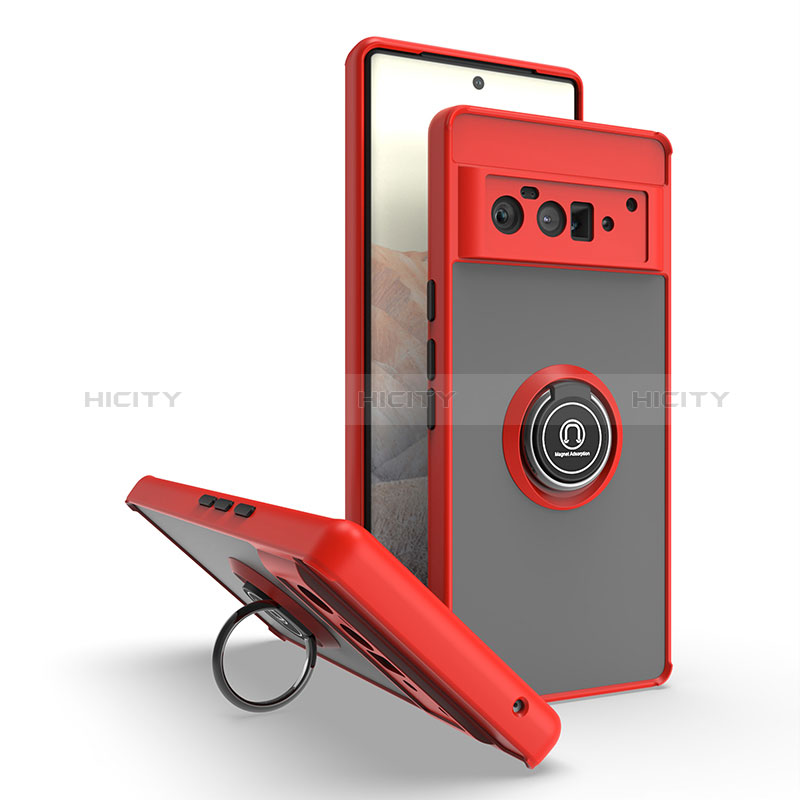 Funda Bumper Silicona y Plastico Mate Carcasa con Magnetico Anillo de dedo Soporte QW2 para Google Pixel 6 Pro 5G Rojo