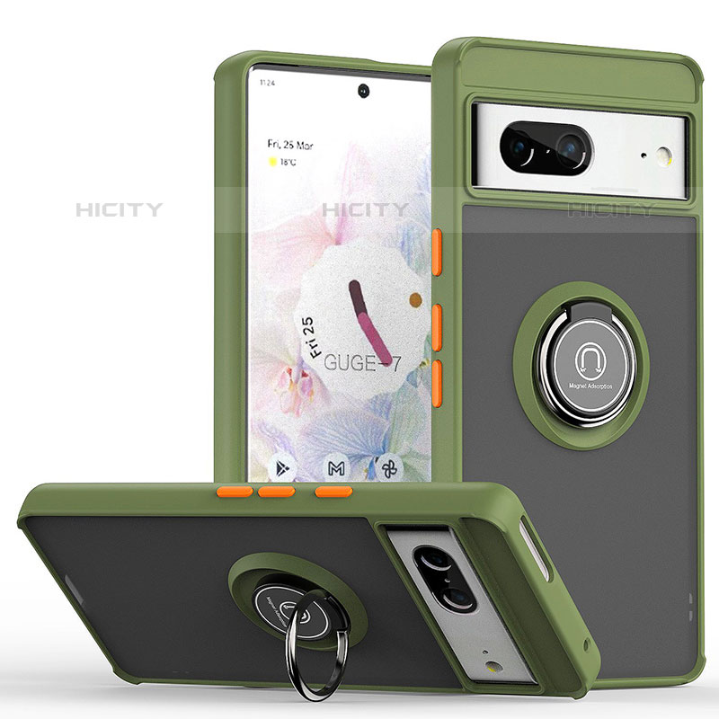 Funda Bumper Silicona y Plastico Mate Carcasa con Magnetico Anillo de dedo Soporte QW2 para Google Pixel 7 5G Ejercito Verde