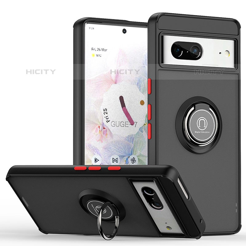 Funda Bumper Silicona y Plastico Mate Carcasa con Magnetico Anillo de dedo Soporte QW2 para Google Pixel 7 5G Rojo y Negro