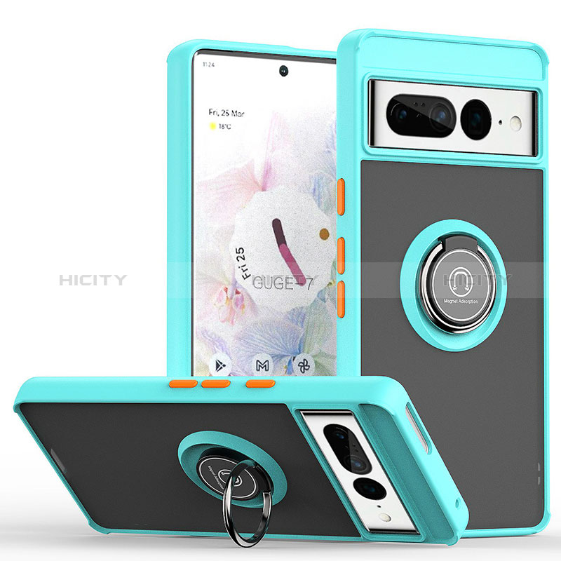 Funda Bumper Silicona y Plastico Mate Carcasa con Magnetico Anillo de dedo Soporte QW2 para Google Pixel 7 Pro 5G Cian