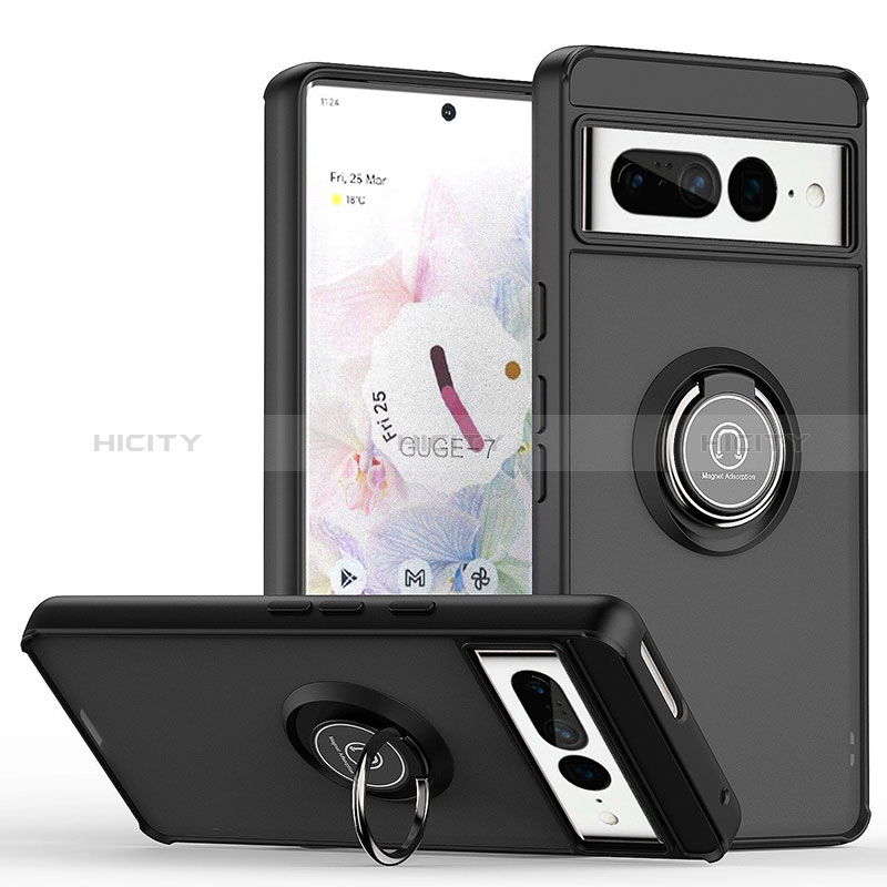 Funda Bumper Silicona y Plastico Mate Carcasa con Magnetico Anillo de dedo Soporte QW2 para Google Pixel 7 Pro 5G Negro