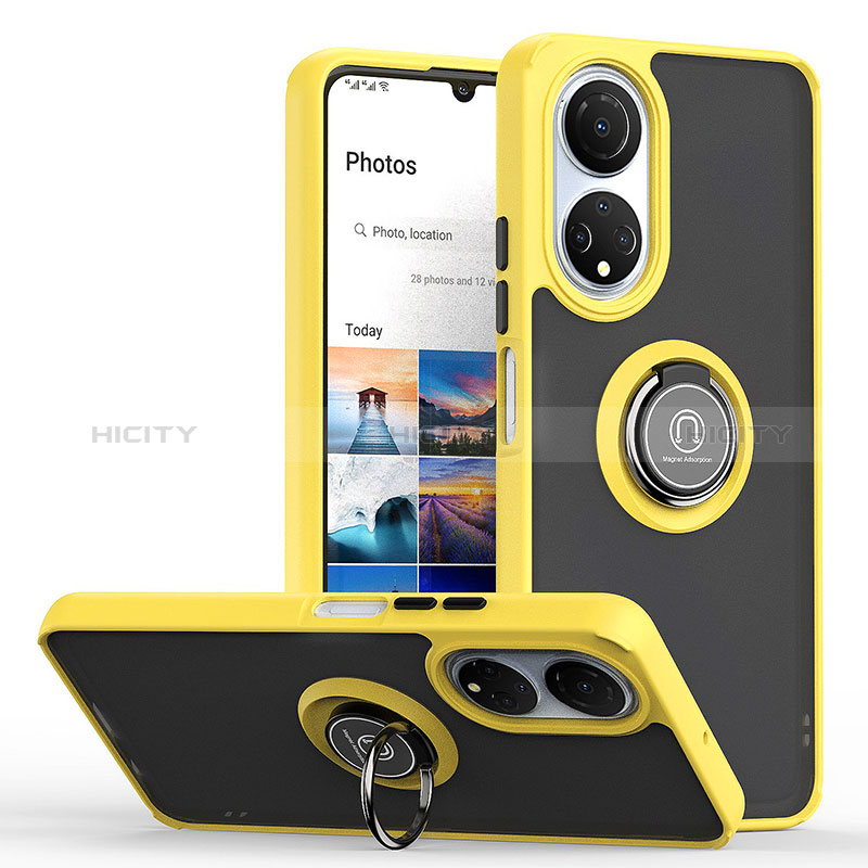 Funda Bumper Silicona y Plastico Mate Carcasa con Magnetico Anillo de dedo Soporte QW2 para Huawei Honor X7 Amarillo