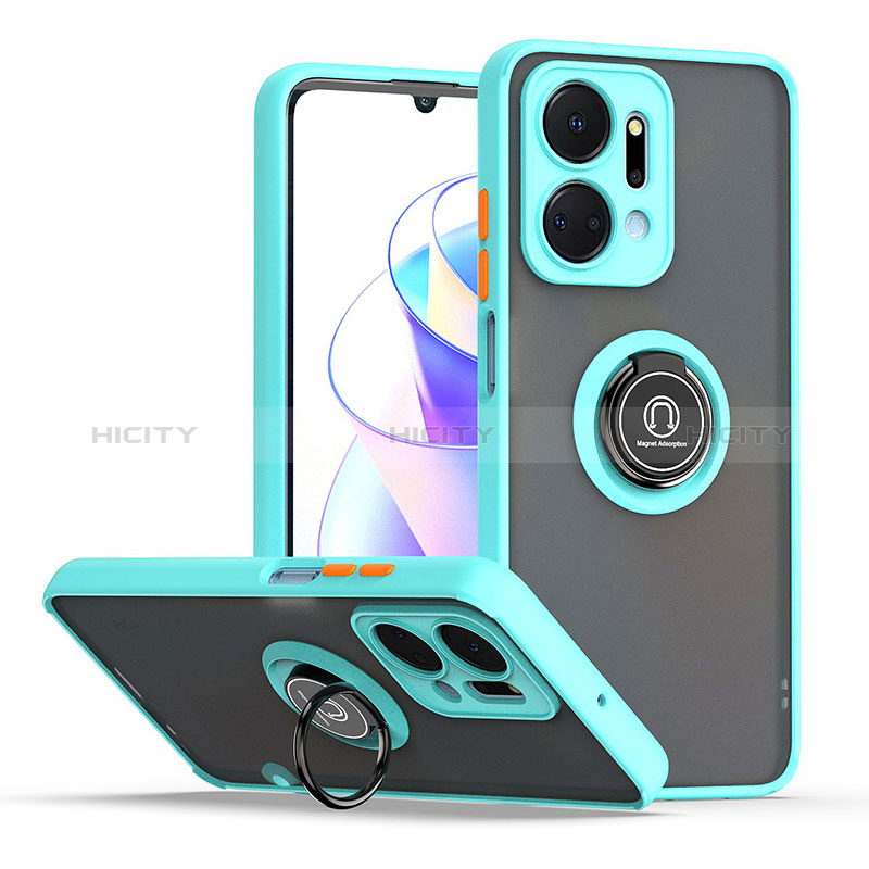 Funda Bumper Silicona y Plastico Mate Carcasa con Magnetico Anillo de dedo Soporte QW2 para Huawei Honor X7a Cian