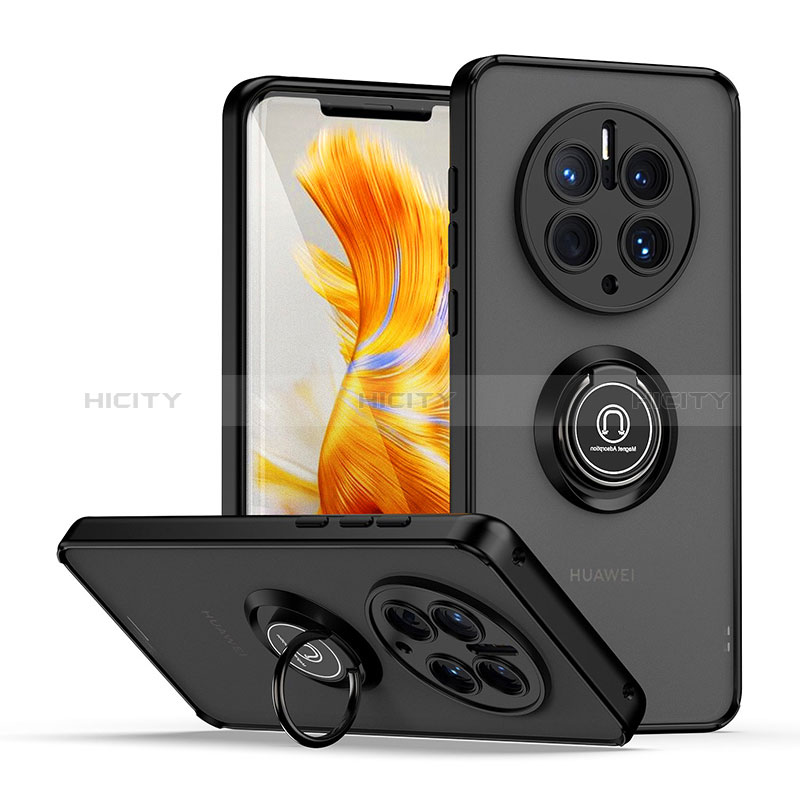 Funda Bumper Silicona y Plastico Mate Carcasa con Magnetico Anillo de dedo Soporte QW2 para Huawei Mate 50 Pro Negro