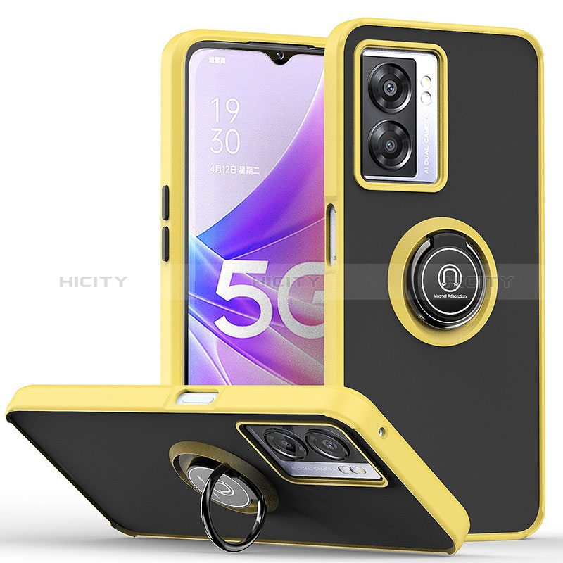 Funda Bumper Silicona y Plastico Mate Carcasa con Magnetico Anillo de dedo Soporte QW2 para Oppo A56S 5G Amarillo