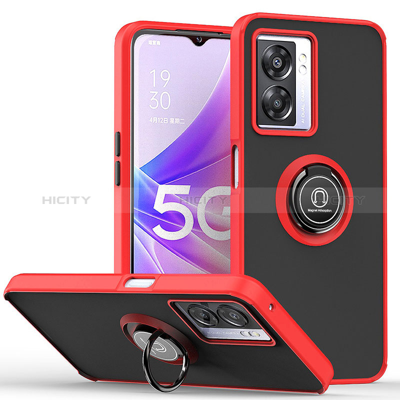 Funda Bumper Silicona y Plastico Mate Carcasa con Magnetico Anillo de dedo Soporte QW2 para Oppo A57 5G Rojo