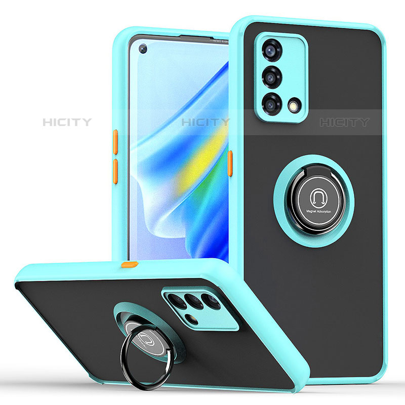 Funda Bumper Silicona y Plastico Mate Carcasa con Magnetico Anillo de dedo Soporte QW2 para Oppo F21 Pro 4G Cian