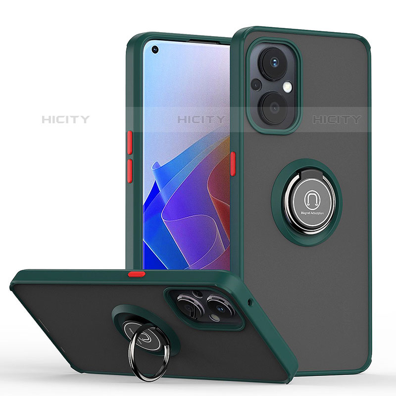 Funda Bumper Silicona y Plastico Mate Carcasa con Magnetico Anillo de dedo Soporte QW2 para Oppo F21 Pro 5G Verde Noche