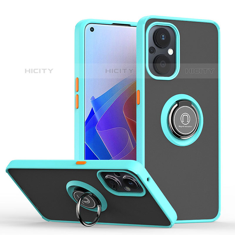 Funda Bumper Silicona y Plastico Mate Carcasa con Magnetico Anillo de dedo Soporte QW2 para Oppo F21s Pro 5G Cian