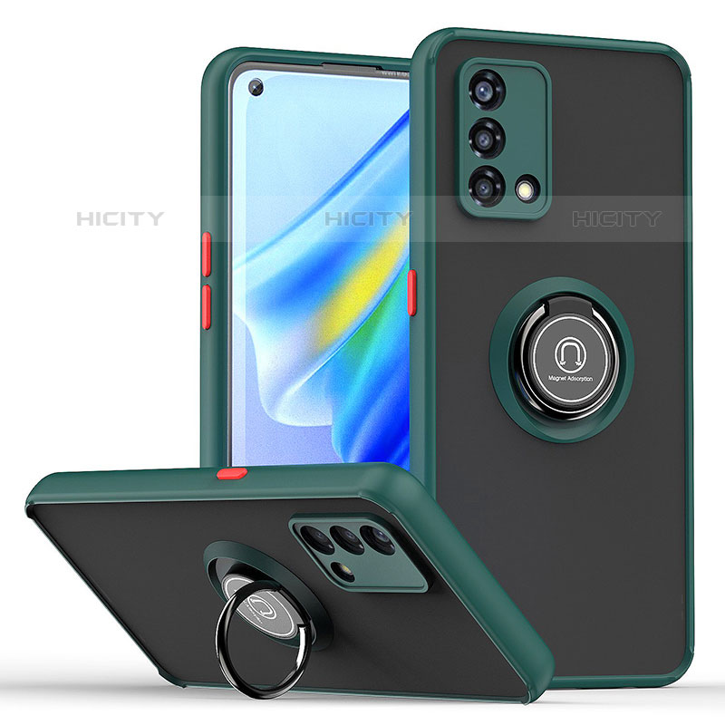 Funda Bumper Silicona y Plastico Mate Carcasa con Magnetico Anillo de dedo Soporte QW2 para Oppo Reno7 4G Verde Noche