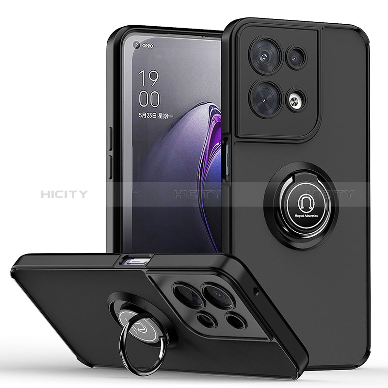 Funda Bumper Silicona y Plastico Mate Carcasa con Magnetico Anillo de dedo Soporte QW2 para Oppo Reno9 Pro+ Plus 5G Negro