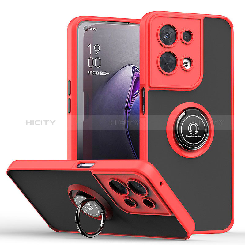 Funda Bumper Silicona y Plastico Mate Carcasa con Magnetico Anillo de dedo Soporte QW2 para Oppo Reno9 Pro+ Plus 5G Rojo