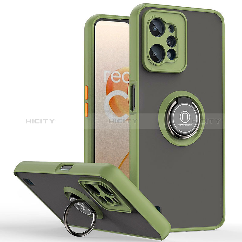 Funda Bumper Silicona y Plastico Mate Carcasa con Magnetico Anillo de dedo Soporte QW2 para Realme C31 Ejercito Verde