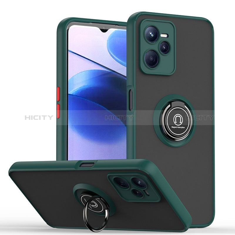 Funda Bumper Silicona y Plastico Mate Carcasa con Magnetico Anillo de dedo Soporte QW2 para Realme Narzo 50A Prime Verde Noche