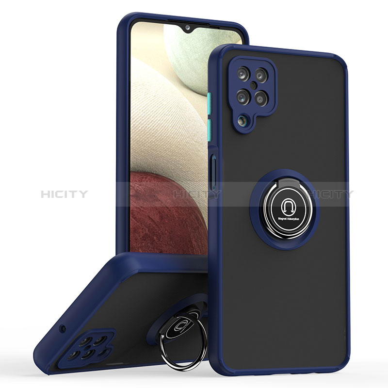 Funda Bumper Silicona y Plastico Mate Carcasa con Magnetico Anillo de dedo Soporte QW2 para Samsung Galaxy A12 5G Azul