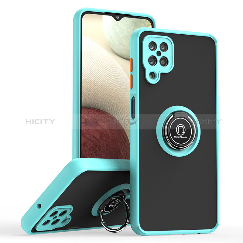 Funda Bumper Silicona y Plastico Mate Carcasa con Magnetico Anillo de dedo Soporte QW2 para Samsung Galaxy A12 5G Cian