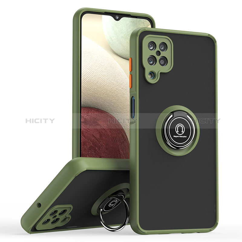 Funda Bumper Silicona y Plastico Mate Carcasa con Magnetico Anillo de dedo Soporte QW2 para Samsung Galaxy A12 Ejercito Verde