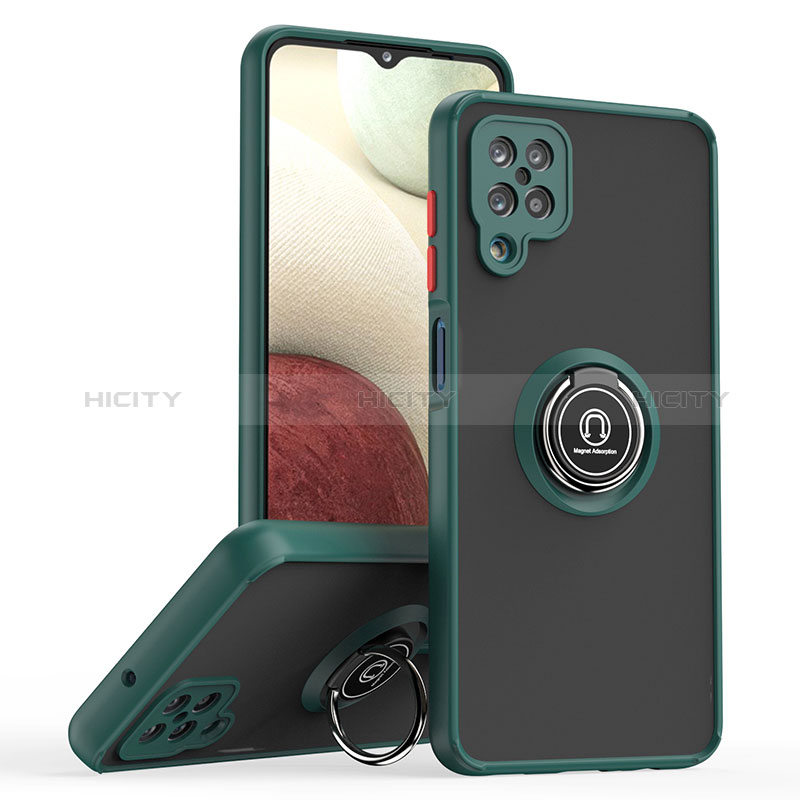 Funda Bumper Silicona y Plastico Mate Carcasa con Magnetico Anillo de dedo Soporte QW2 para Samsung Galaxy A12 Verde Noche