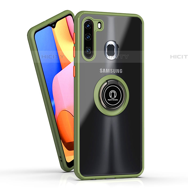 Funda Bumper Silicona y Plastico Mate Carcasa con Magnetico Anillo de dedo Soporte QW2 para Samsung Galaxy A21 European