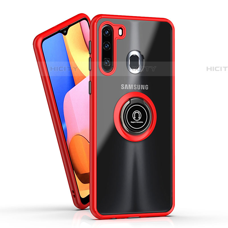 Funda Bumper Silicona y Plastico Mate Carcasa con Magnetico Anillo de dedo Soporte QW2 para Samsung Galaxy A21 European Rojo