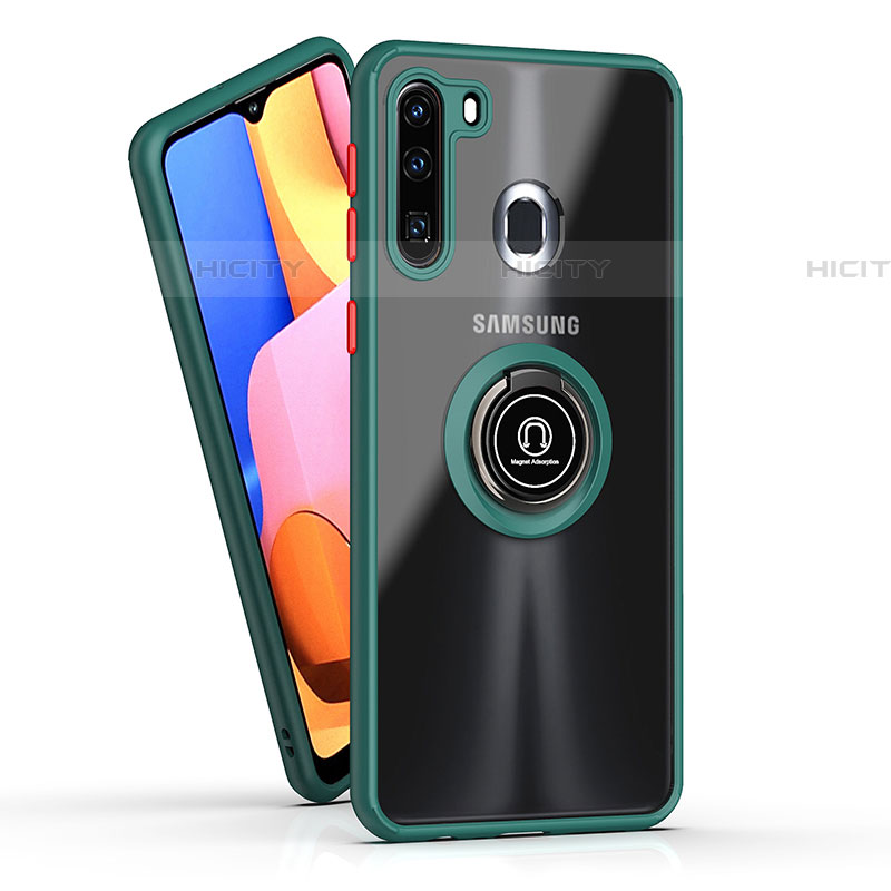 Funda Bumper Silicona y Plastico Mate Carcasa con Magnetico Anillo de dedo Soporte QW2 para Samsung Galaxy A21 European Verde Noche