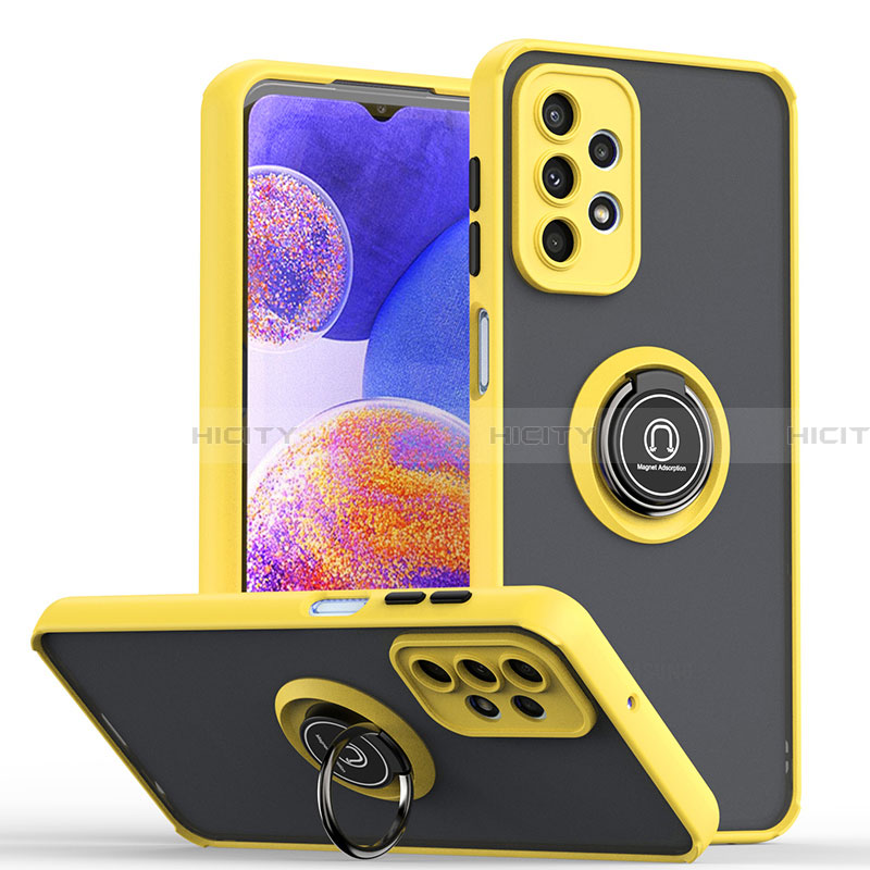 Funda Bumper Silicona y Plastico Mate Carcasa con Magnetico Anillo de dedo Soporte QW2 para Samsung Galaxy A23 4G Amarillo