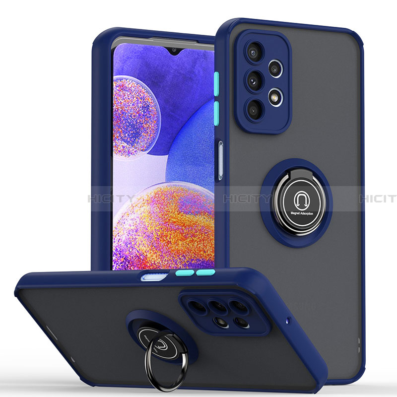 Funda Bumper Silicona y Plastico Mate Carcasa con Magnetico Anillo de dedo Soporte QW2 para Samsung Galaxy A23 4G Azul