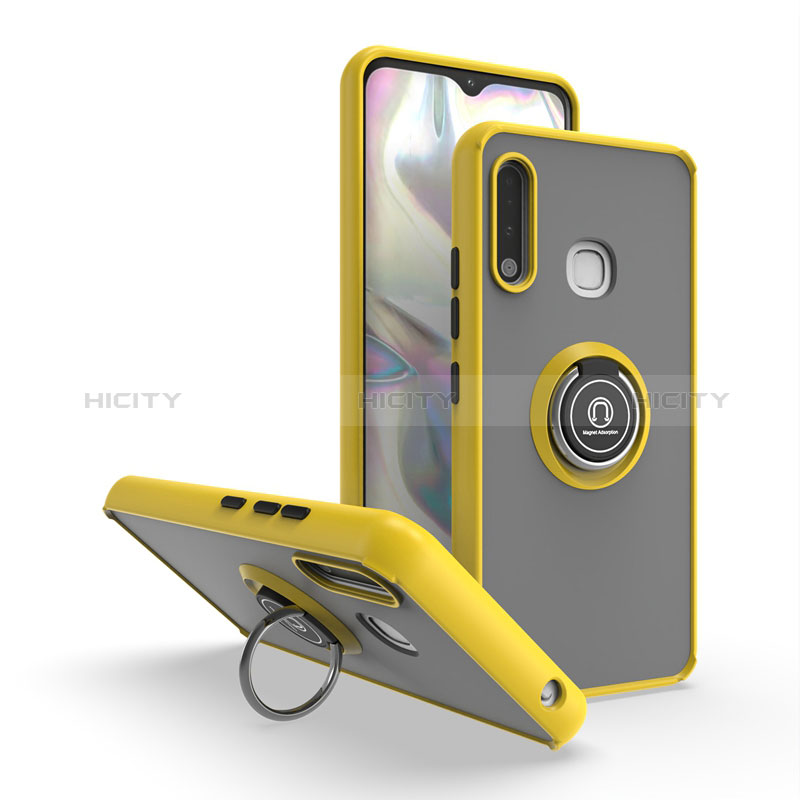 Funda Bumper Silicona y Plastico Mate Carcasa con Magnetico Anillo de dedo Soporte QW2 para Samsung Galaxy A70E Amarillo