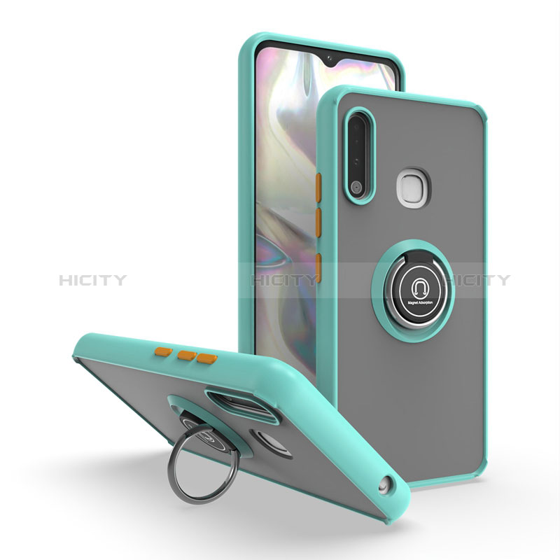 Funda Bumper Silicona y Plastico Mate Carcasa con Magnetico Anillo de dedo Soporte QW2 para Samsung Galaxy A70E Cian