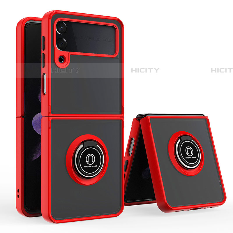 Funda Bumper Silicona y Plastico Mate Carcasa con Magnetico Anillo de dedo Soporte QW2 para Samsung Galaxy Z Flip4 5G Rojo