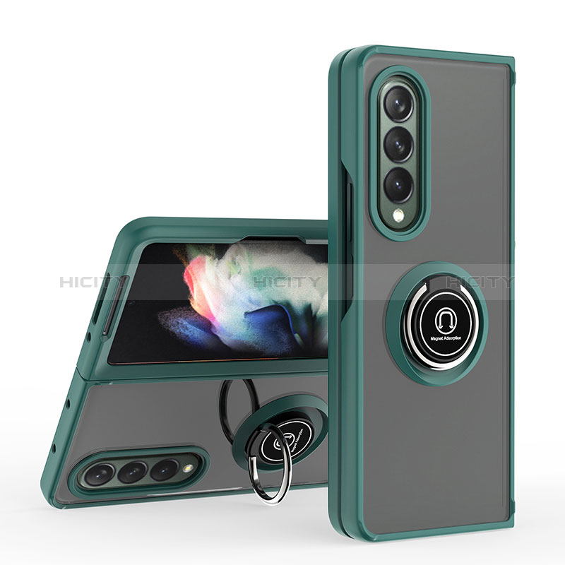 Funda Bumper Silicona y Plastico Mate Carcasa con Magnetico Anillo de dedo Soporte QW2 para Samsung Galaxy Z Fold3 5G Verde Noche