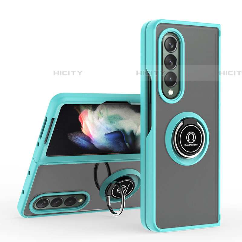 Funda Bumper Silicona y Plastico Mate Carcasa con Magnetico Anillo de dedo Soporte QW2 para Samsung Galaxy Z Fold4 5G Cian